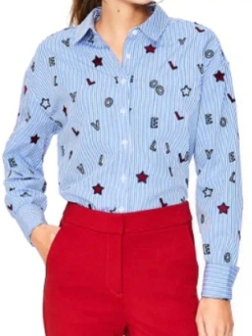 Boden Maria Relaxed Love stars emboridered striped shirt women's size medium r